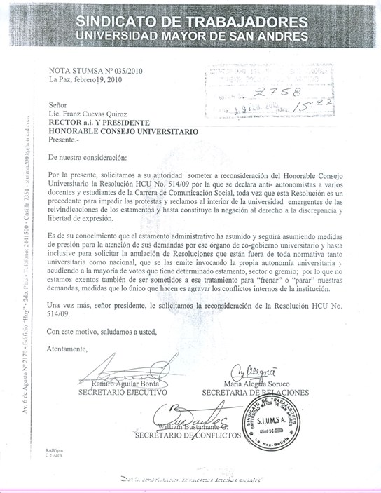 Pronunciamiento del Sindicato de Trabajadores de la Universidad de San Andrés-STUMSA